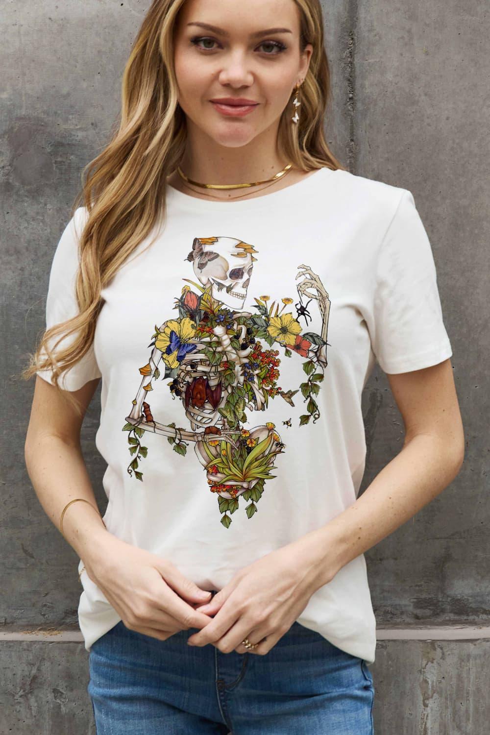 Flower Plus Size Graphic Skeleton T Shirt - MXSTUDIO.COM