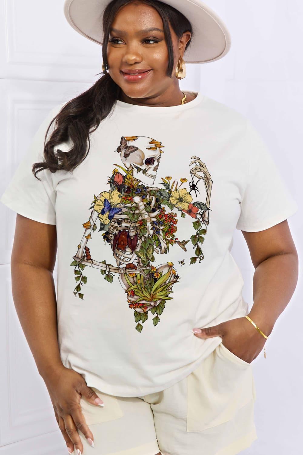 Flower Plus Size Graphic Skeleton T Shirt - MXSTUDIO.COM