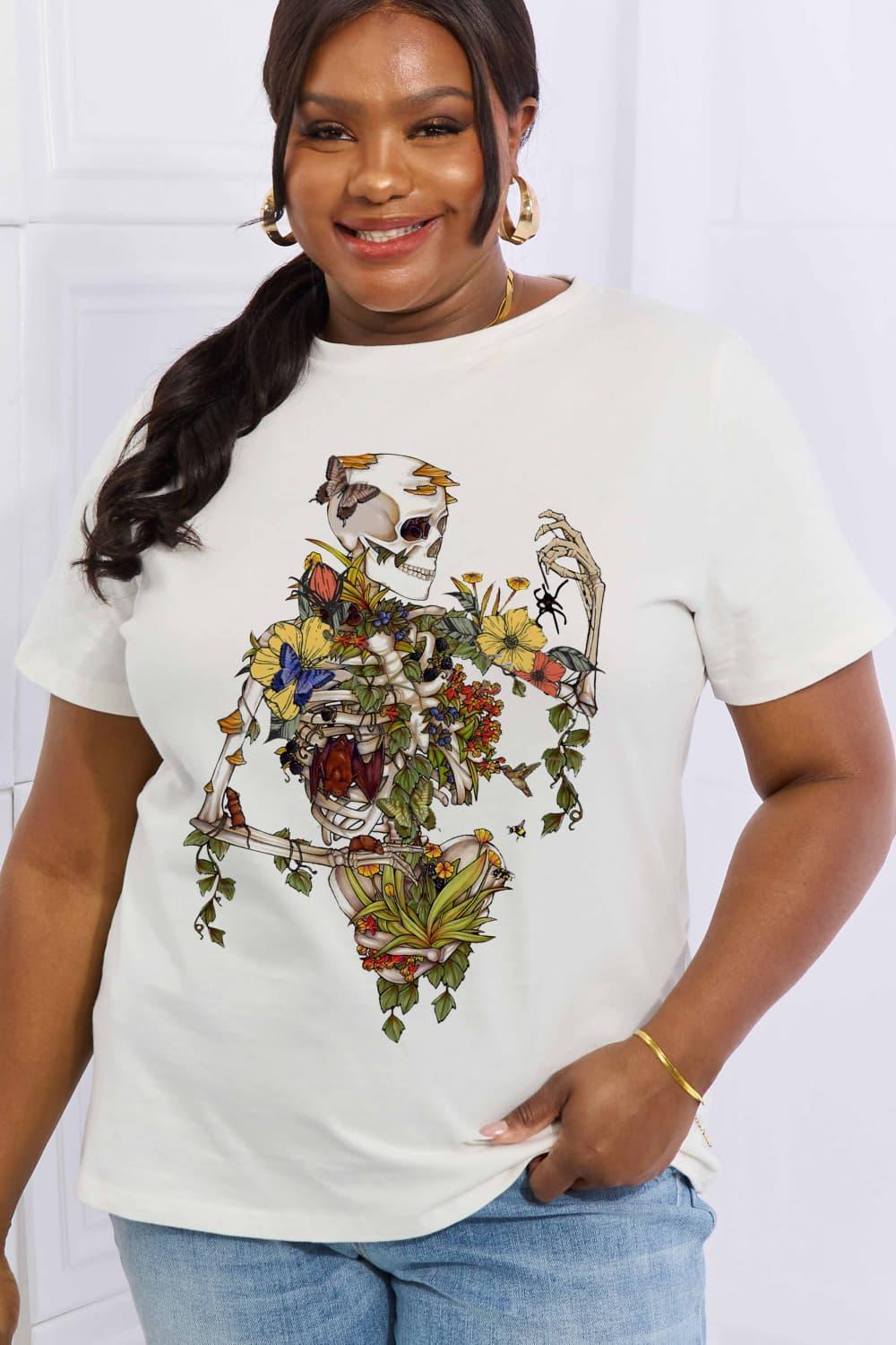 Flower Plus Size Graphic Skeleton T Shirt - MXSTUDIO.COM