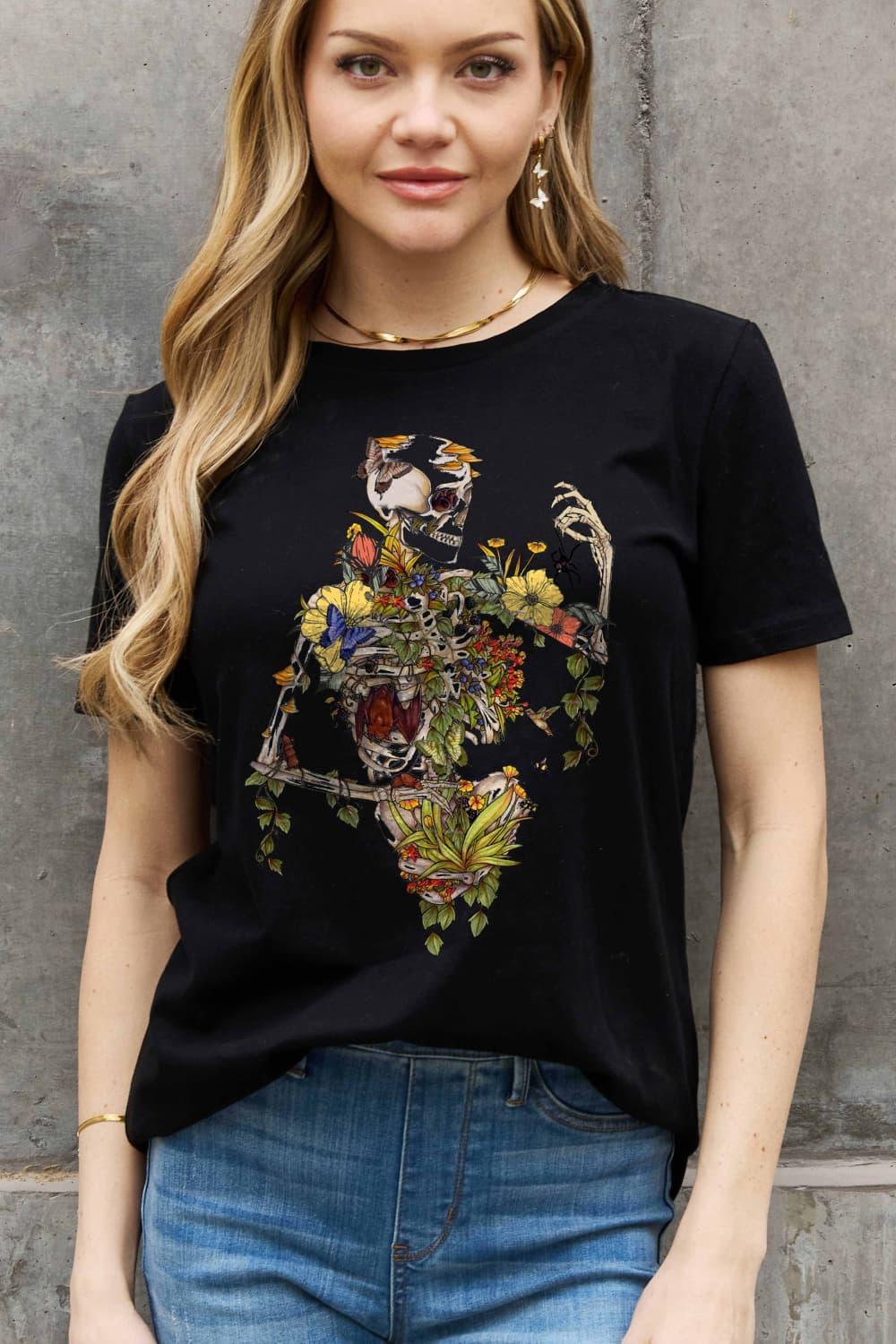 Flower Plus Size Graphic Skeleton T Shirt - MXSTUDIO.COM