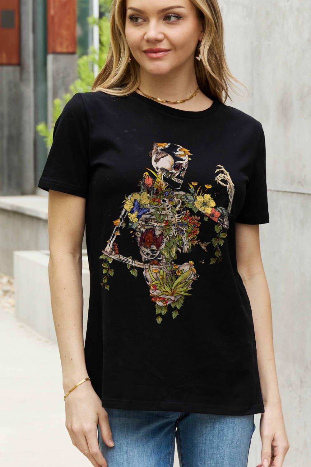 Flower Plus Size Graphic Skeleton T Shirt - MXSTUDIO.COM