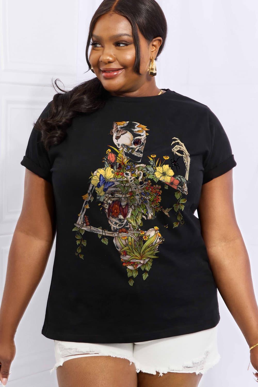 Flower Plus Size Graphic Skeleton T Shirt - MXSTUDIO.COM