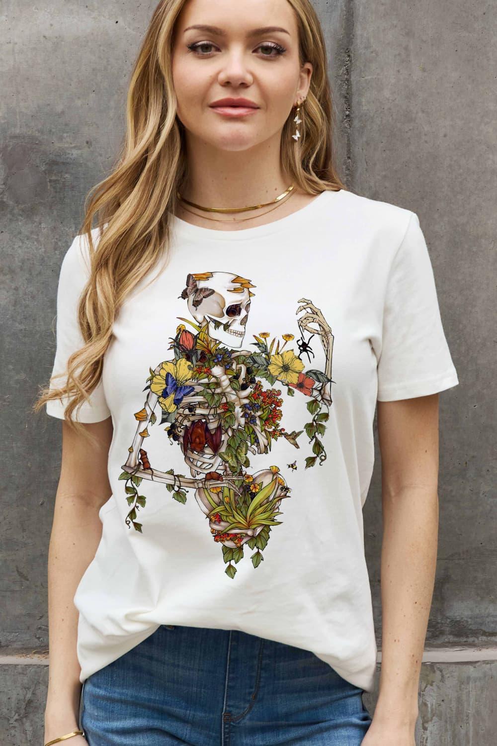 Flower Plus Size Graphic Skeleton T Shirt - MXSTUDIO.COM