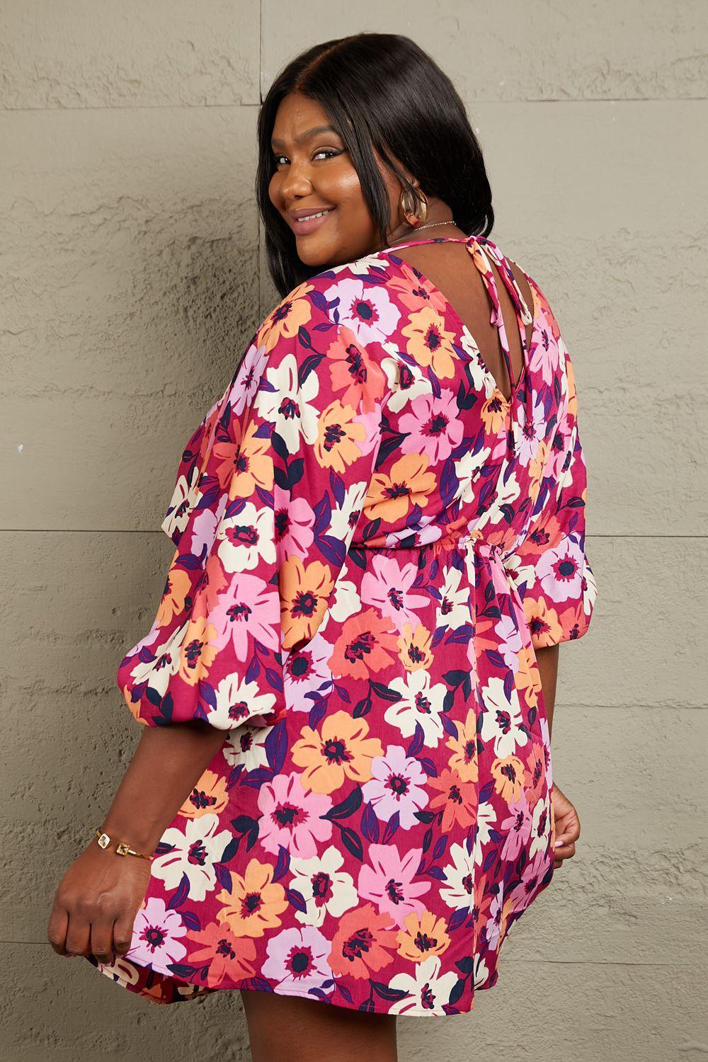 Flower Power Half Sleeve Plus Size Floral Mini Dress - MXSTUDIO.COM