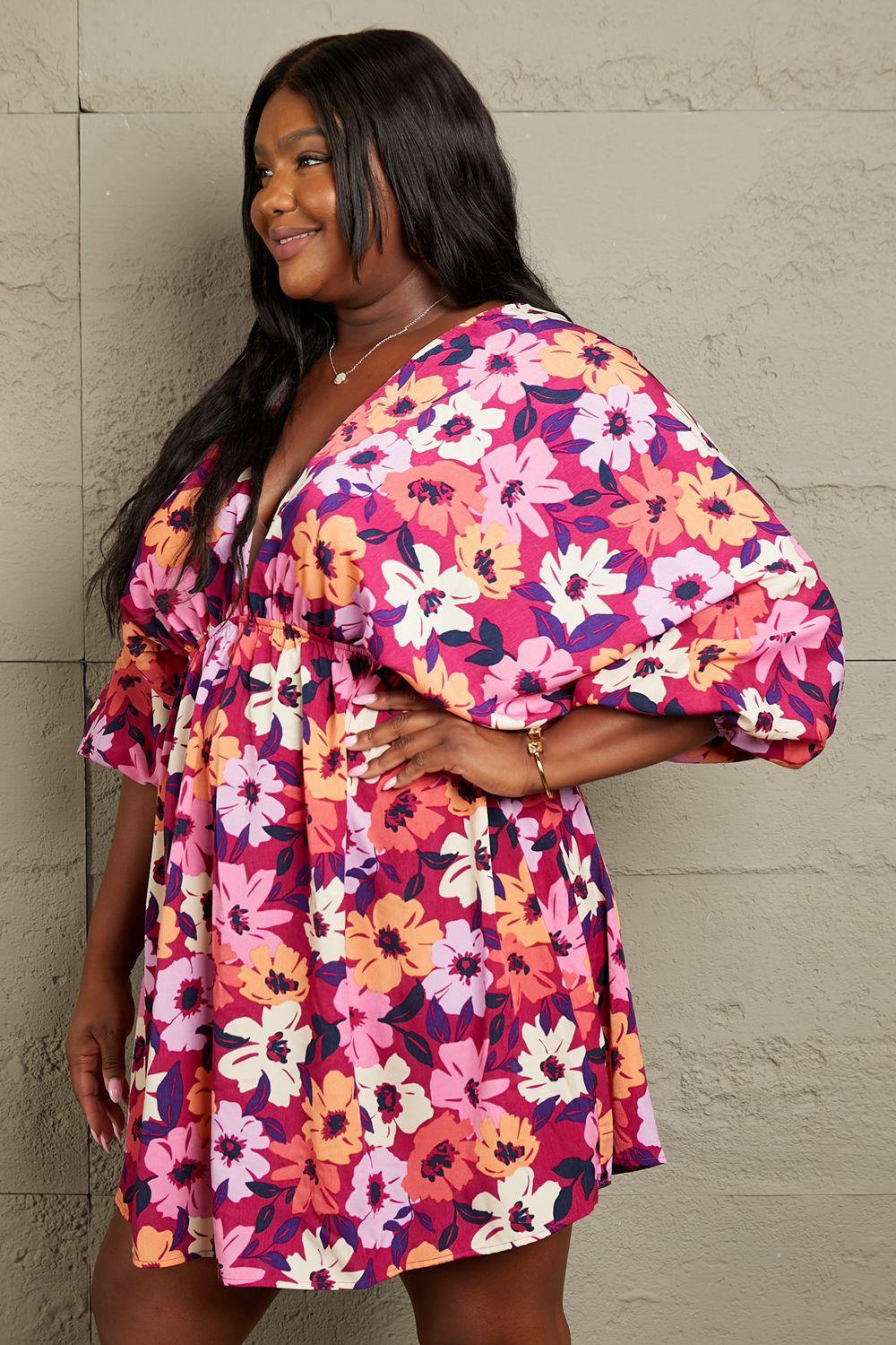 Flower Power Half Sleeve Plus Size Floral Mini Dress - MXSTUDIO.COM