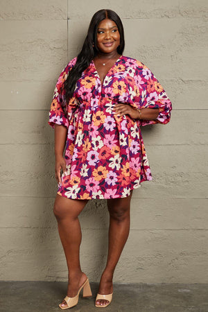 Flower Power Half Sleeve Plus Size Floral Mini Dress - MXSTUDIO.COM