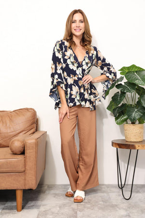 Flutter Sleeves Surplice Plus Size Floral Blouse - MXSTUDIO.COM