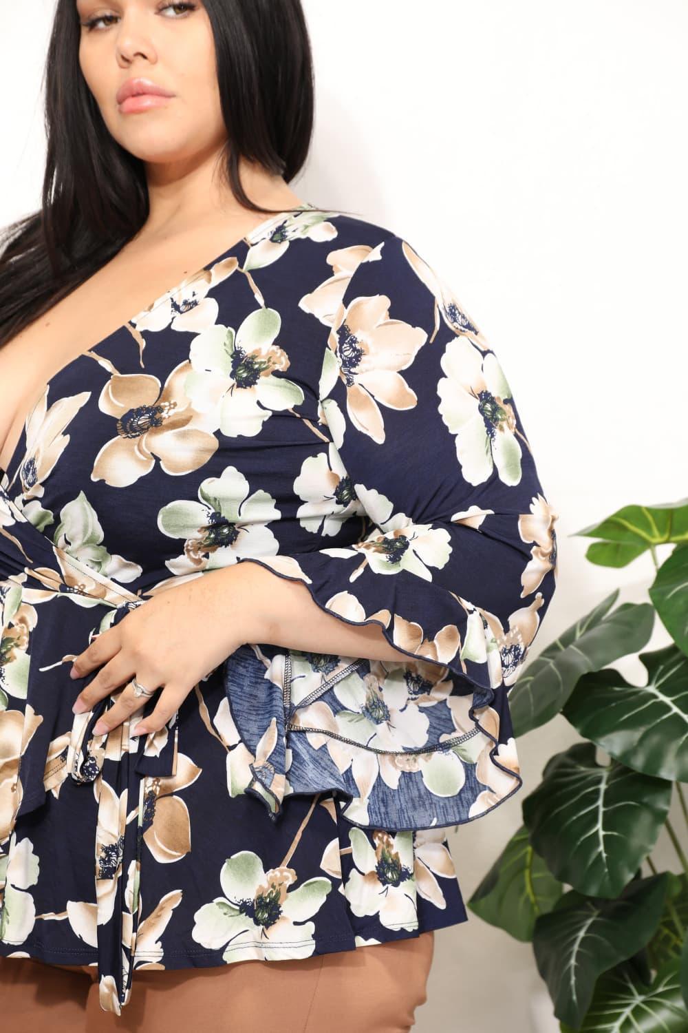 Flutter Sleeves Surplice Plus Size Floral Blouse - MXSTUDIO.COM