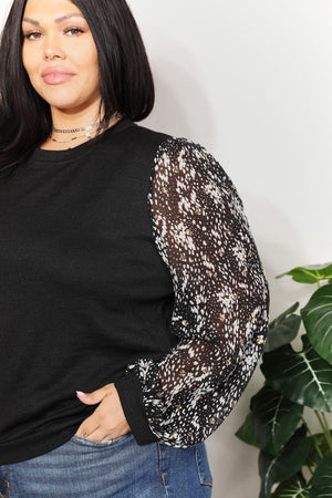 Foil Printed Long Sleeve Black Plus Size Top - MXSTUDIO.COM