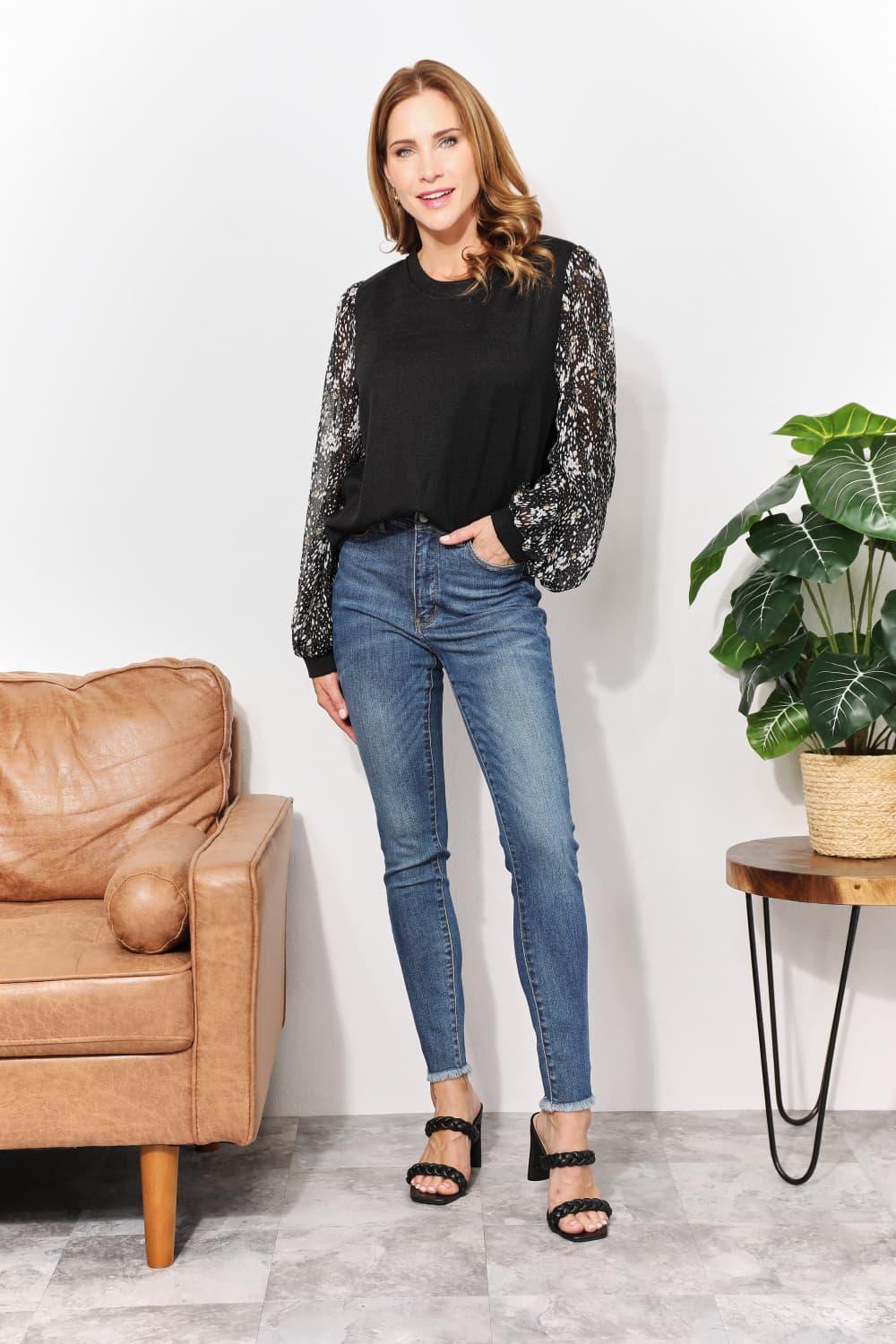 Foil Printed Long Sleeve Black Plus Size Top - MXSTUDIO.COM