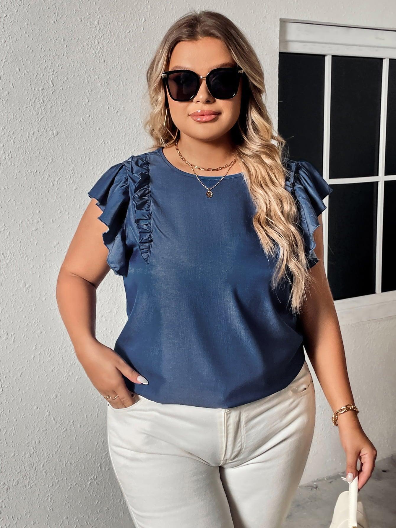 Frill Trim Ruffled Shoulder Plus Size Navy Blue Blouse - MXSTUDIO.COM