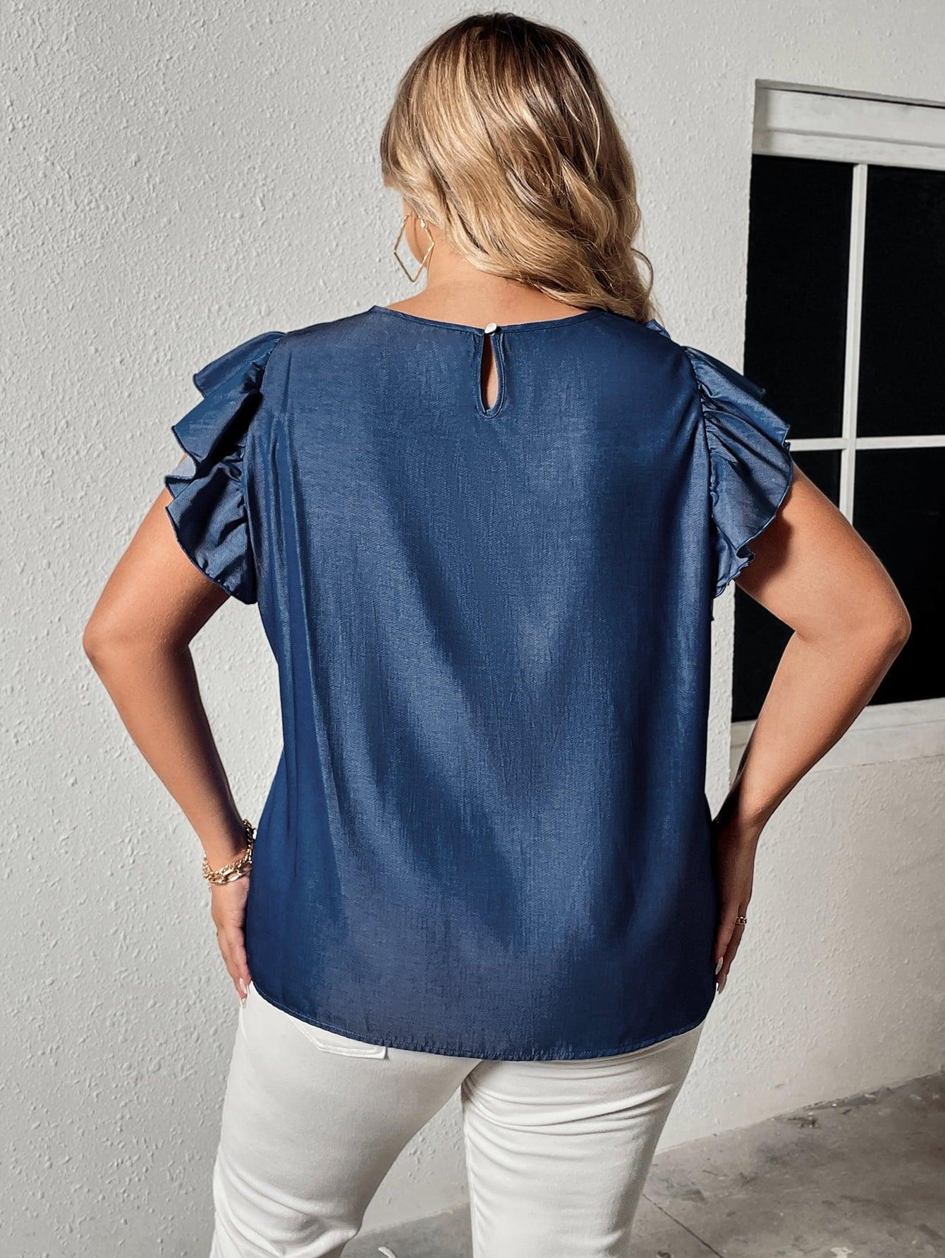 Frill Trim Ruffled Shoulder Plus Size Navy Blue Blouse - MXSTUDIO.COM