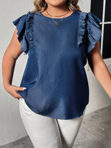 Frill Trim Ruffled Shoulder Plus Size Navy Blue Blouse - MXSTUDIO.COM