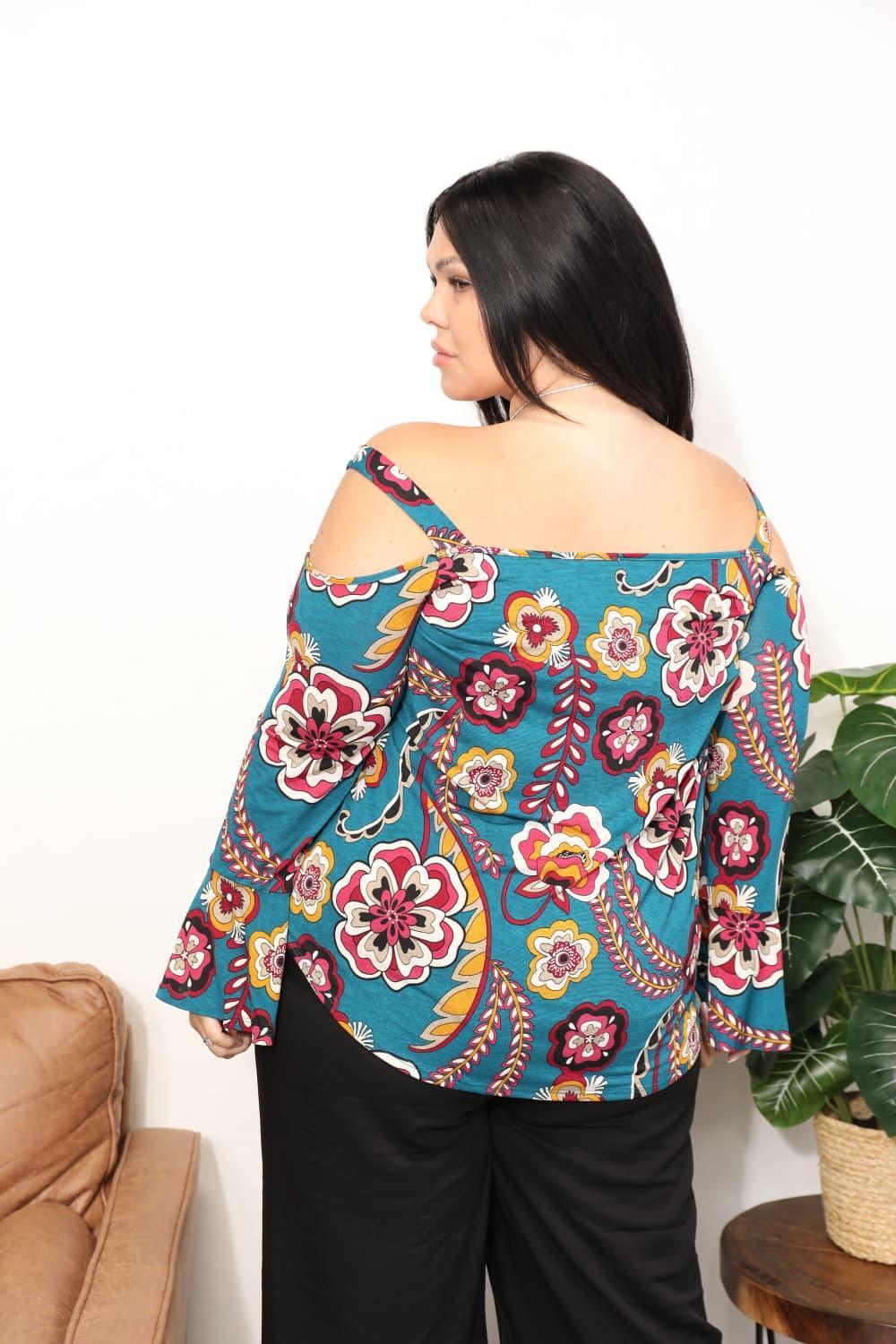 Full Of Life Cold Shoulder Plus Size Floral Blouse - MXSTUDIO.COM