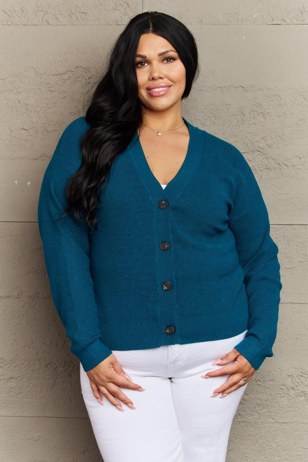 Gentle Touch Button Down Plus Size Teal Cardigan - MXSTUDIO.COM