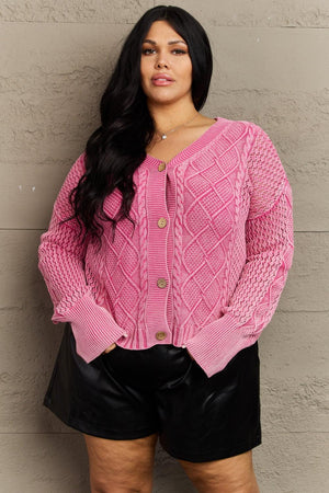 Gentle Touch Wash Fuchsia Plus Size Cable Knit Cardigan - MXSTUDIO.COM