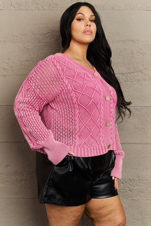 Gentle Touch Wash Fuchsia Plus Size Cable Knit Cardigan - MXSTUDIO.COM