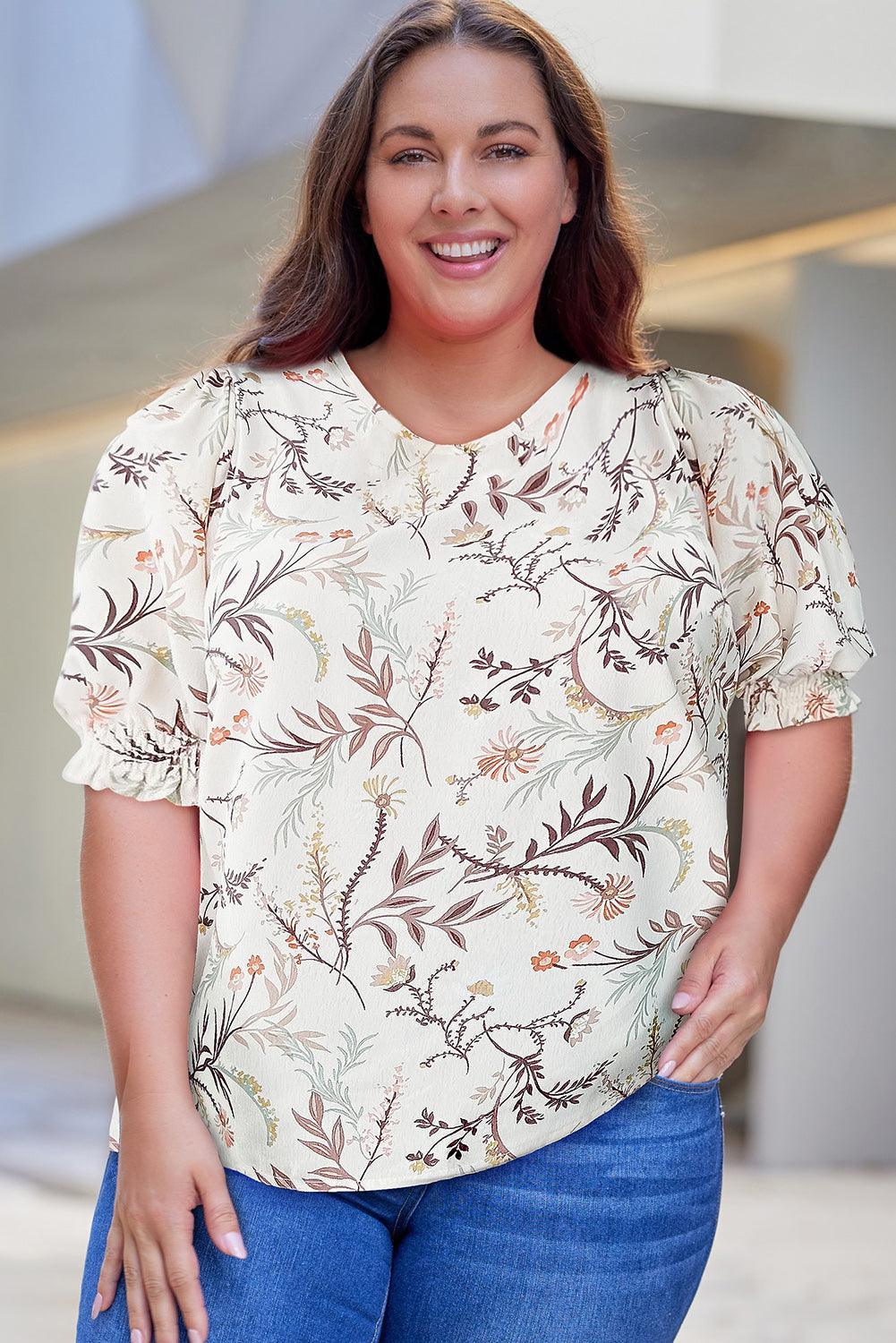 Genuine Love Puff Sleeve Ivory Plus Size Floral Top - MXSTUDIO.COM