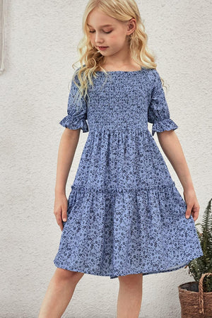 Girls Charm Smocked Printed Blue Dress - MXSTUDIO.COM