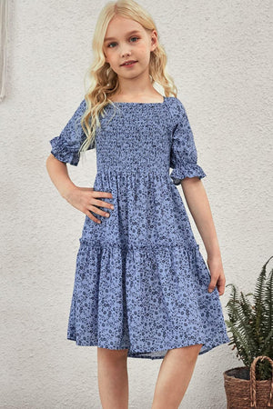 Girls Charm Smocked Printed Blue Dress - MXSTUDIO.COM