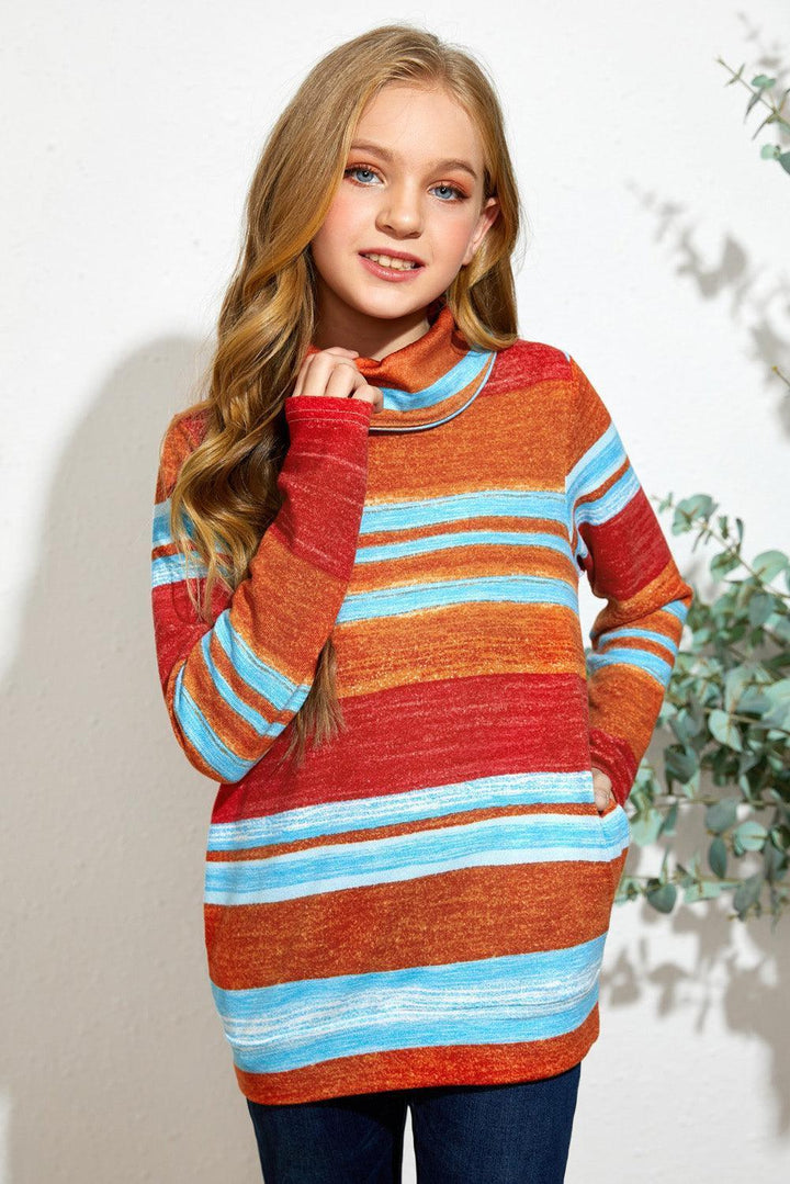 Girls Colorful Striped Cowl Neck Sweatshirt - MXSTUDIO.COM