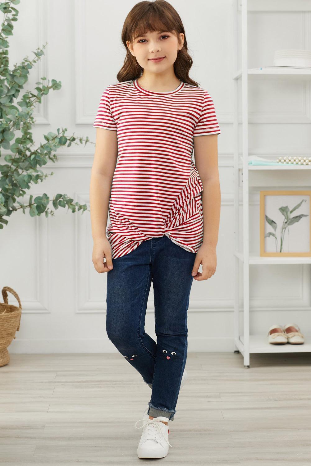 Girls Red And White Striped Twist Front Tee - MXSTUDIO.COM