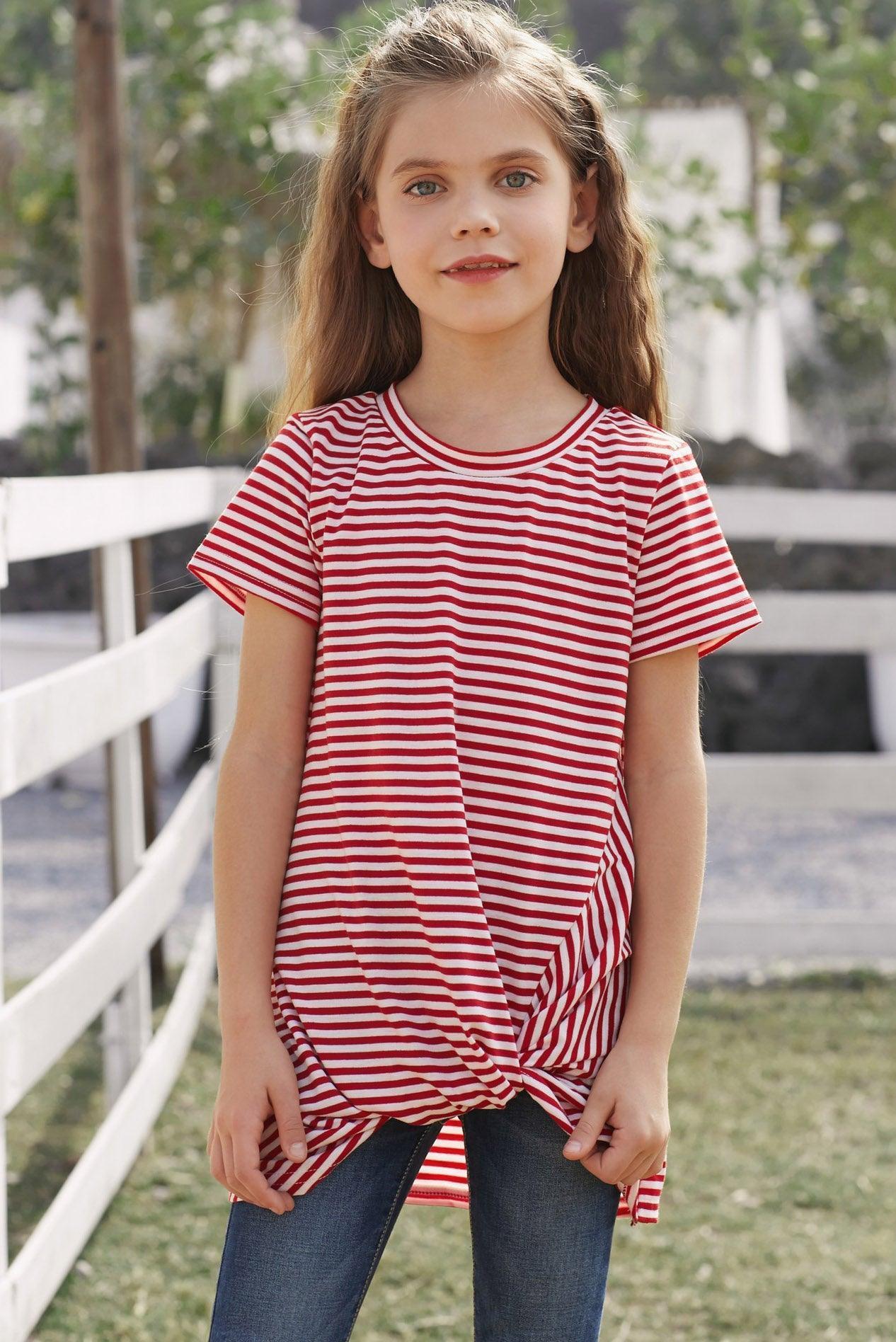 Girls Red And White Striped Twist Front Tee - MXSTUDIO.COM