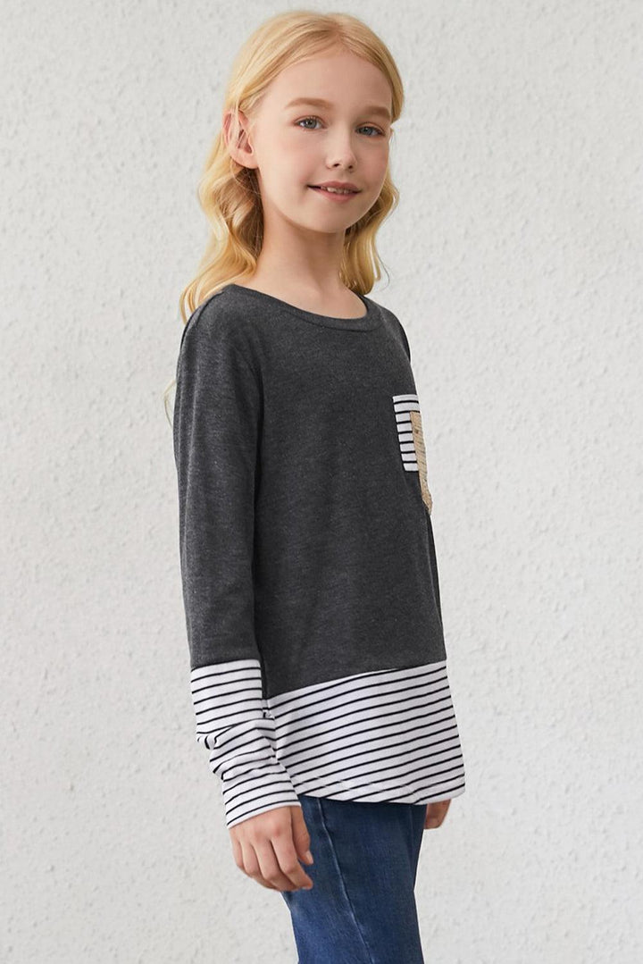 Girls Solid Contrast Stripe Sequin Pocket Top - MXSTUDIO.COM