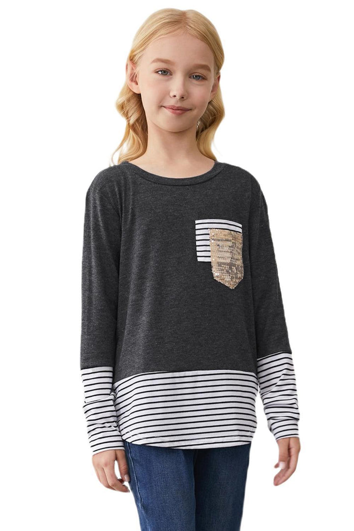 Girls Solid Contrast Stripe Sequin Pocket Top - MXSTUDIO.COM
