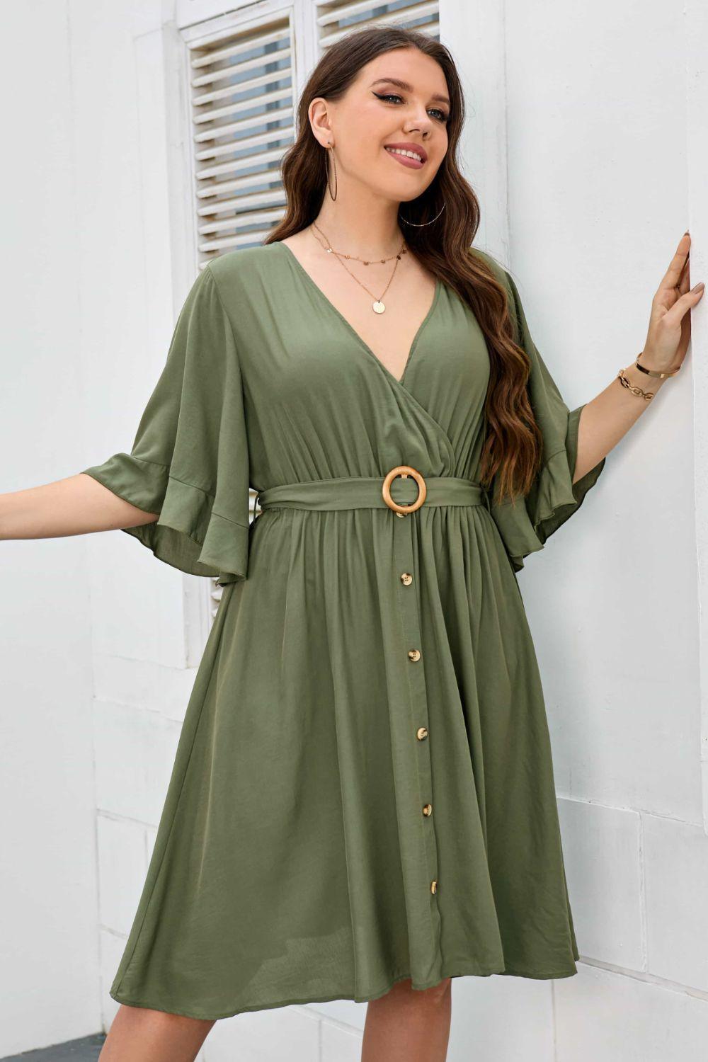 Glide With Ease Half Sleeve Plus Size Belted Dress - MXSTUDIO.COM