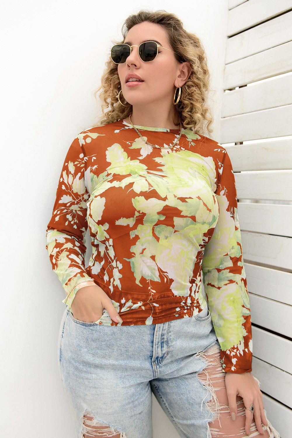 Gorgeous Long Sleeve Plus Size Floral Blouse - MXSTUDIO.COM