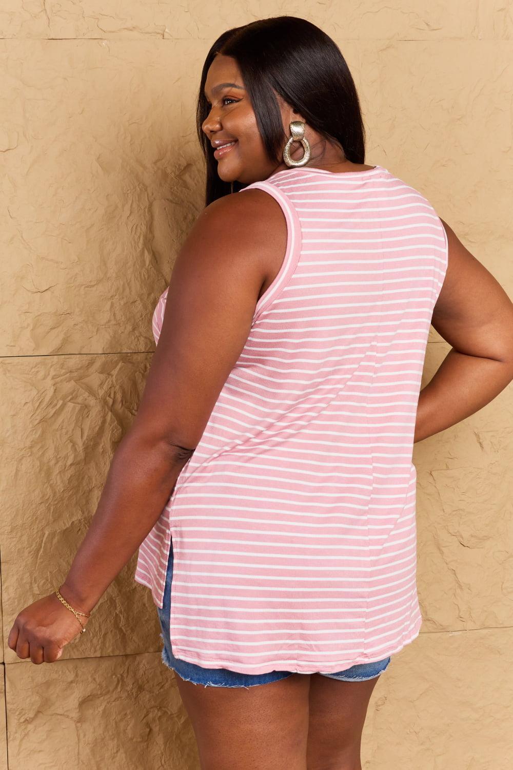 Graceful Ease Sleeveless V-Neck Plus Size Striped Top - MXSTUDIO.COM