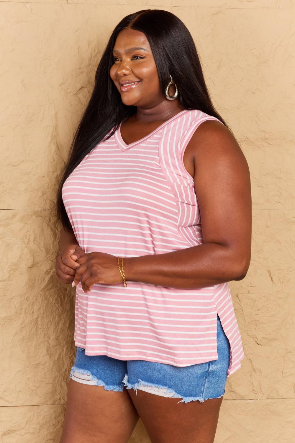 Graceful Ease Sleeveless V-Neck Plus Size Striped Top - MXSTUDIO.COM