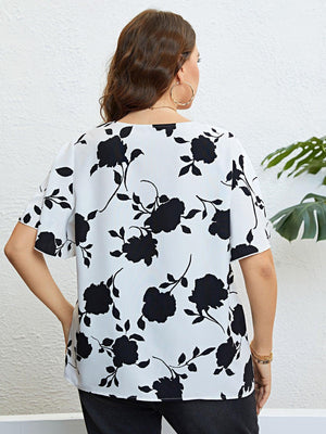 Graceful Flutter Sleeve Plus Size Floral Blouse - MXSTUDIO.COM