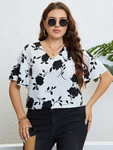 Graceful Flutter Sleeve Plus Size Floral Blouse - MXSTUDIO.COM