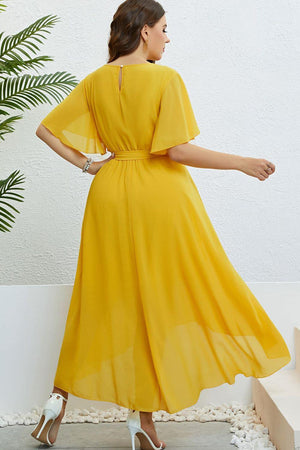 Graceful High-Low Mustard Flutter Sleeve Plus Size Dress - MXSTUDIO.COM