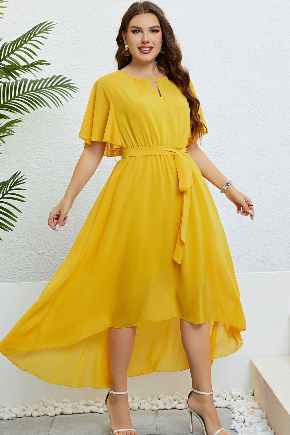 Graceful High-Low Mustard Flutter Sleeve Plus Size Dress - MXSTUDIO.COM