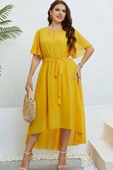 Graceful High-Low Mustard Flutter Sleeve Plus Size Dress - MXSTUDIO.COM