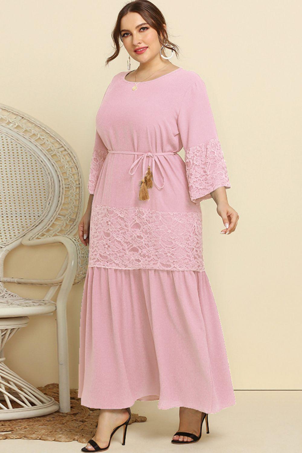 Graceful Lace Plus Size Tassel Belted Maxi Dress - MXSTUDIO.COM