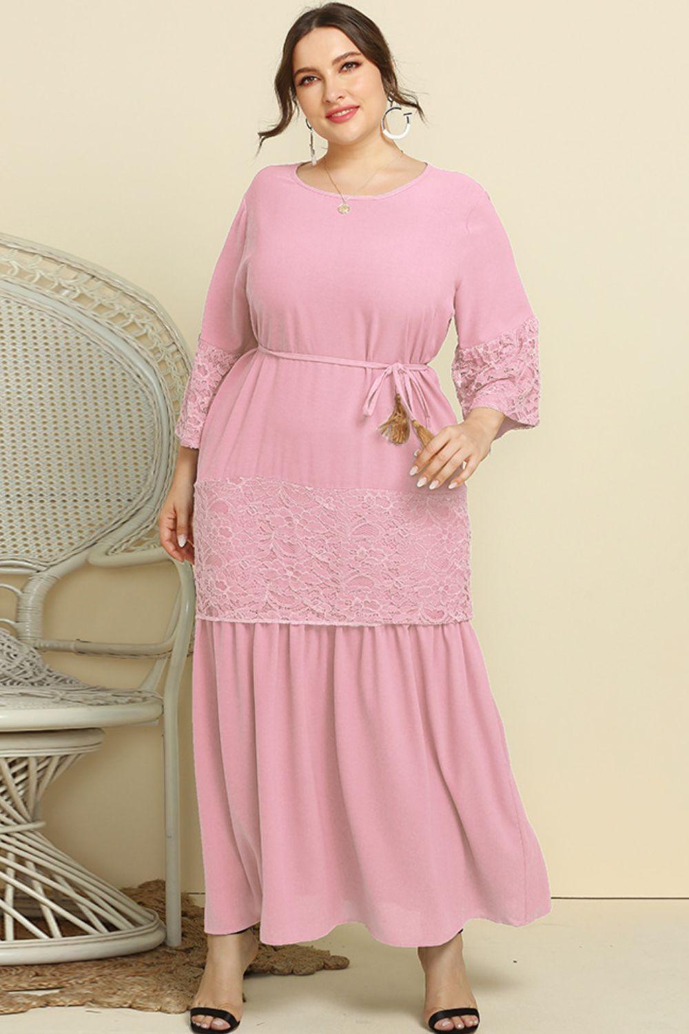 Graceful Lace Plus Size Tassel Belted Maxi Dress - MXSTUDIO.COM
