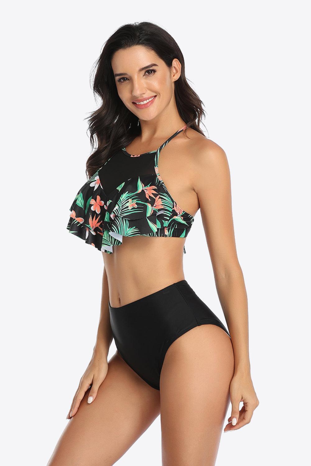 Gracefully Trendy Tropical Print Ruffled Two-Piece Swimsuit - MXSTUDIO.COM