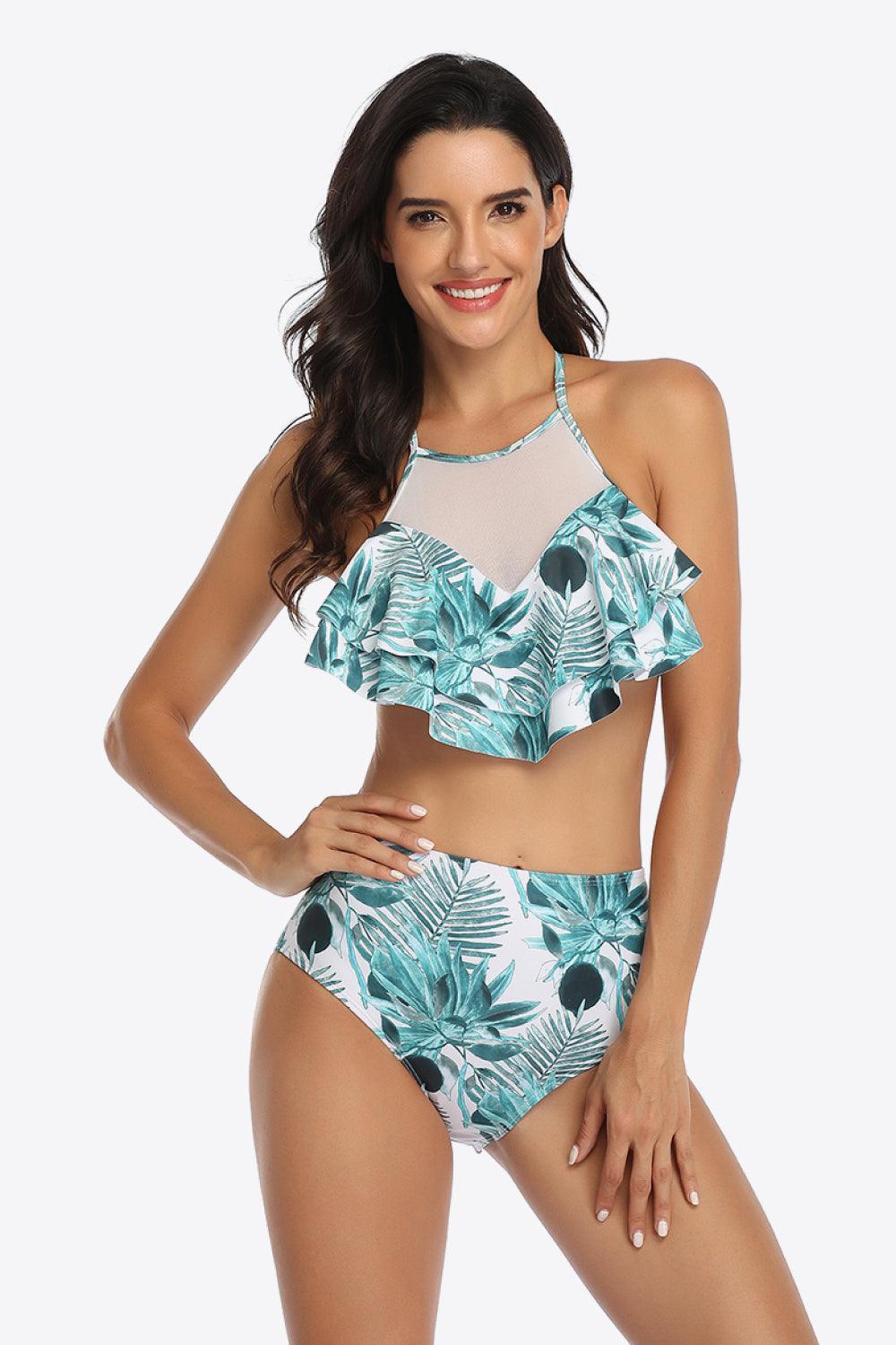 Gracefully Trendy Tropical Print Ruffled Two-Piece Swimsuit - MXSTUDIO.COM