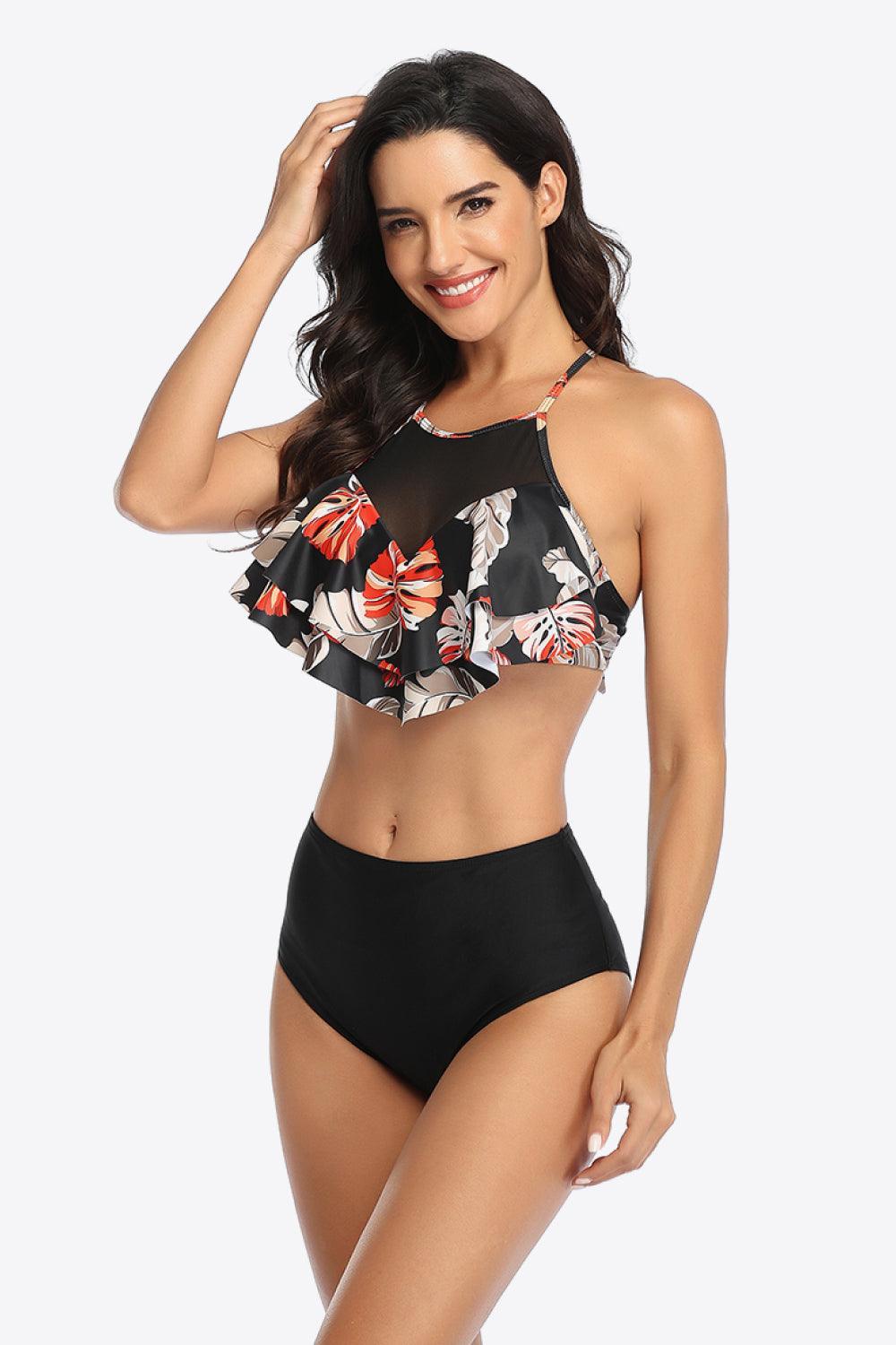 Gracefully Trendy Tropical Print Ruffled Two-Piece Swimsuit - MXSTUDIO.COM