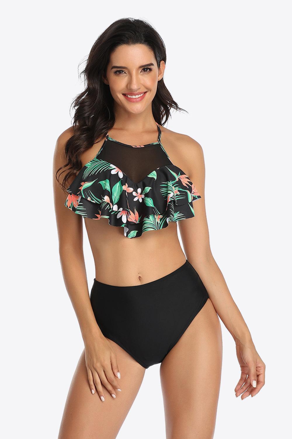 Gracefully Trendy Tropical Print Ruffled Two-Piece Swimsuit - MXSTUDIO.COM