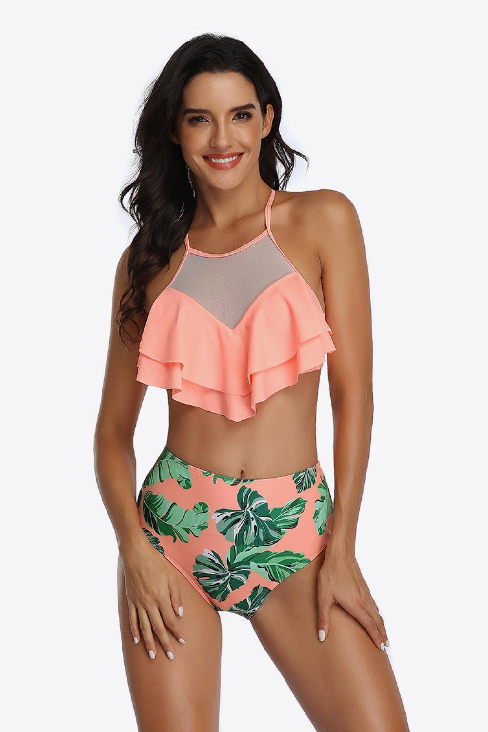 Gracefully Trendy Tropical Print Ruffled Two-Piece Swimsuit - MXSTUDIO.COM