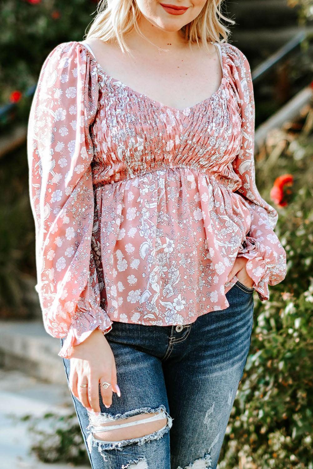 Gratifying Smocked Plus Size Floral Blouse - MXSTUDIO.COM