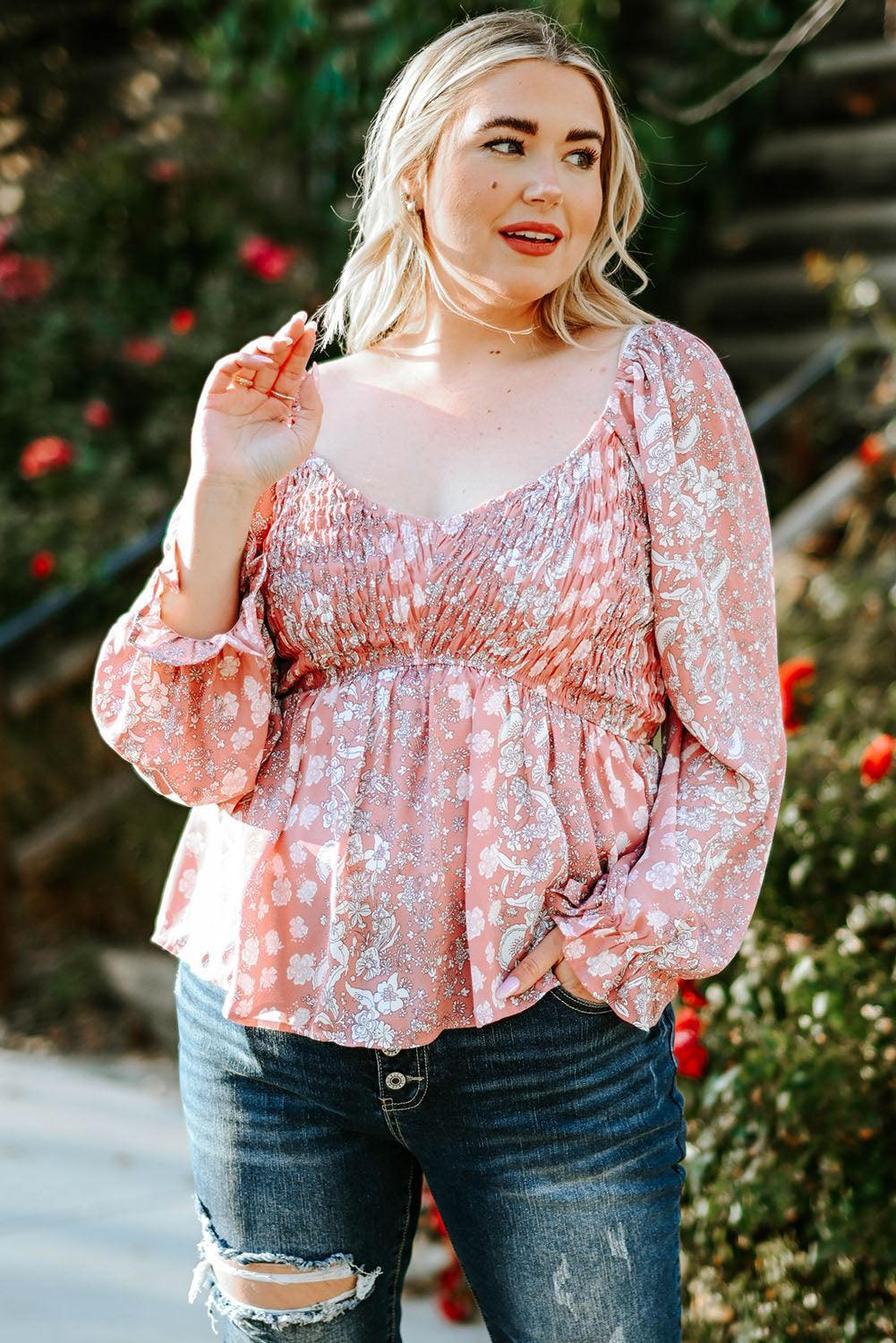 Gratifying Smocked Plus Size Floral Blouse - MXSTUDIO.COM