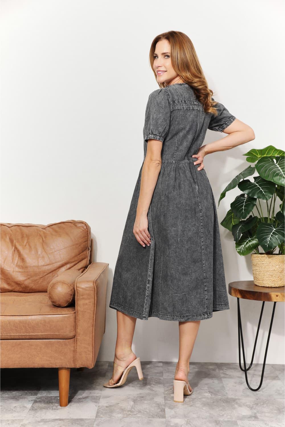 Gratifying Washed Chambray Gray Plus Size Dress - MXSTUDIO.COM