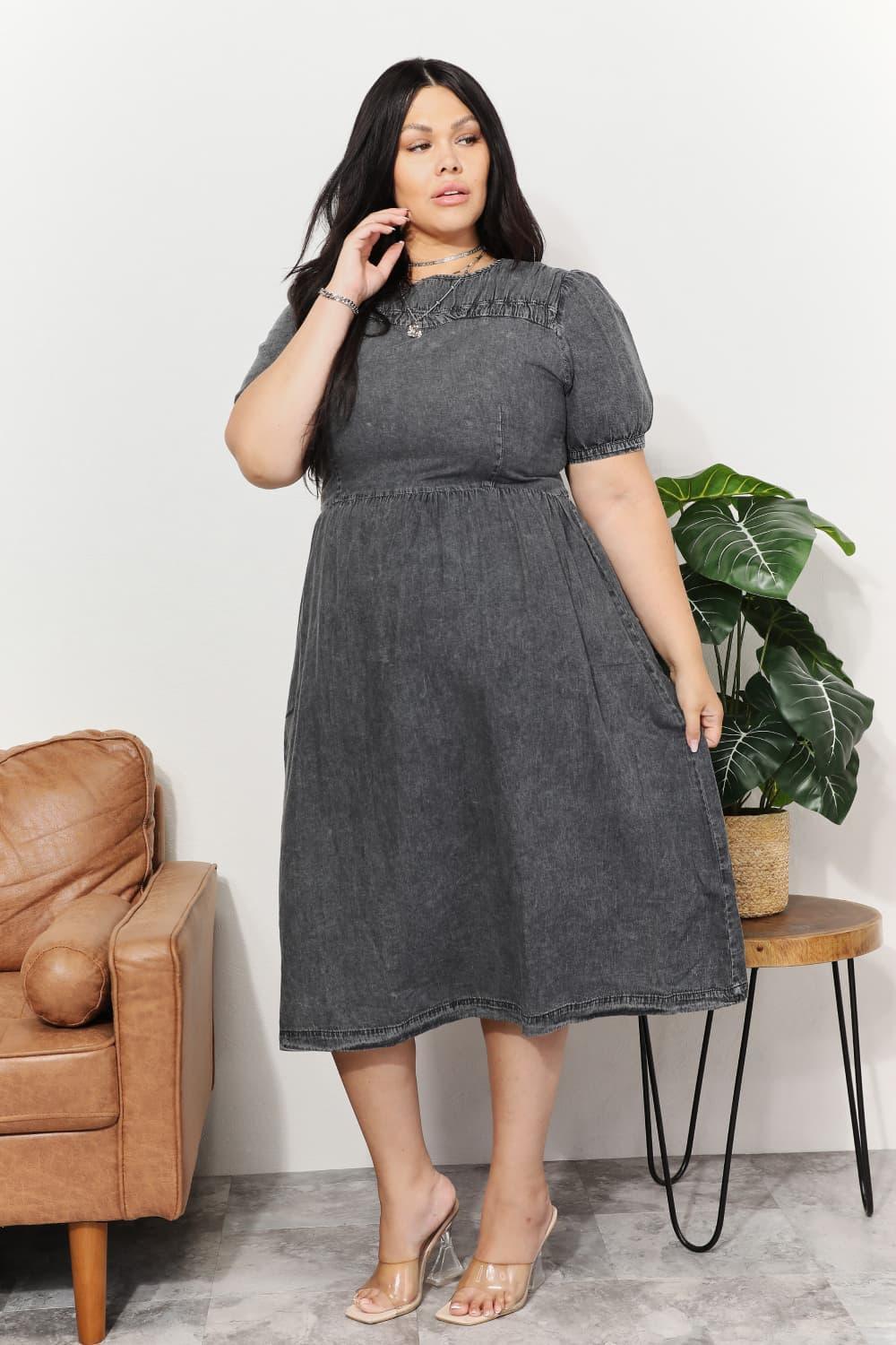 Gratifying Washed Chambray Gray Plus Size Dress - MXSTUDIO.COM