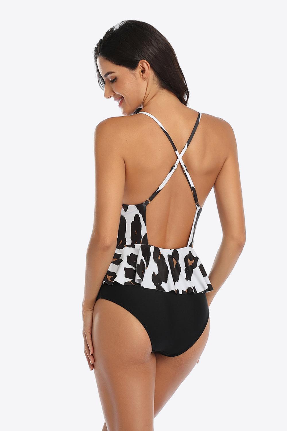 Great Time Printed Ruffled Halter Neck One Piece Swimsuit - MXSTUDIO.COM